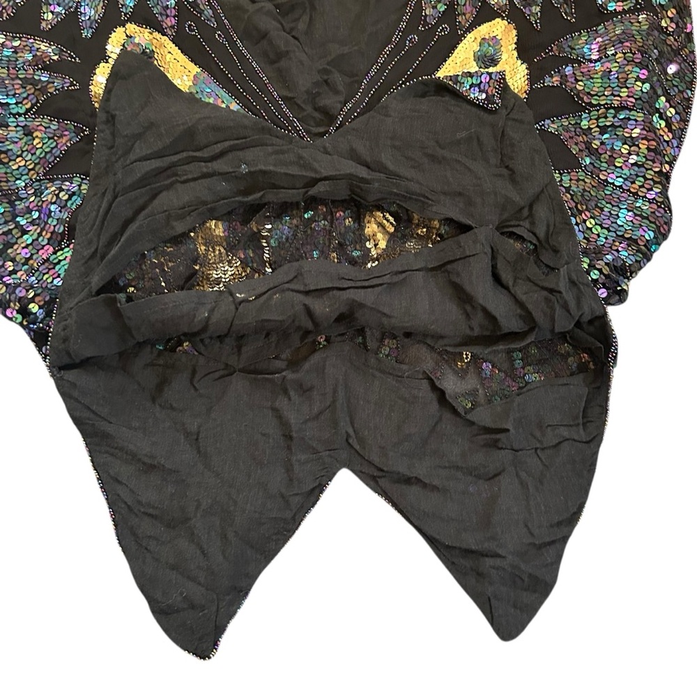 Vintage 70s Dark Rainbow & Gold Sequin Butterfly Top 100% Silk Festival Boho OS - Picture 11 of 17